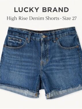 Lucky Brand High Rise Denim Shorts Size 27/4 Medium Wash Raw Hem Boyfriend Fit